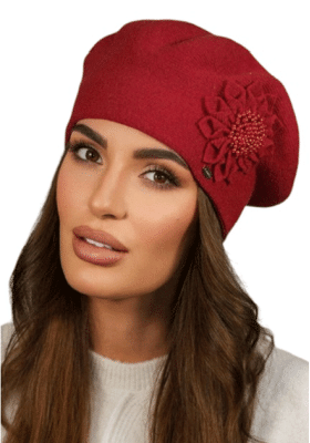 Червена барета с пленителна флорална декорация - модел Peonia